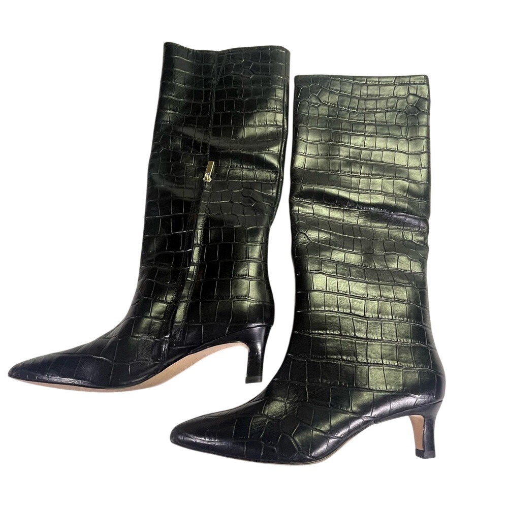 Nordstrom Rack New Leather Women's 6.5M Black Croc-Embossed Knee-High Boots